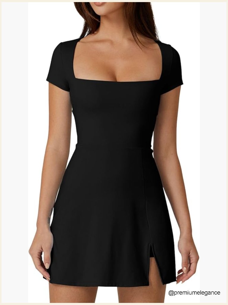 Women's Athletic Dress With Built-In Shorts, Pockets, Square Neck, Short Sleeve
